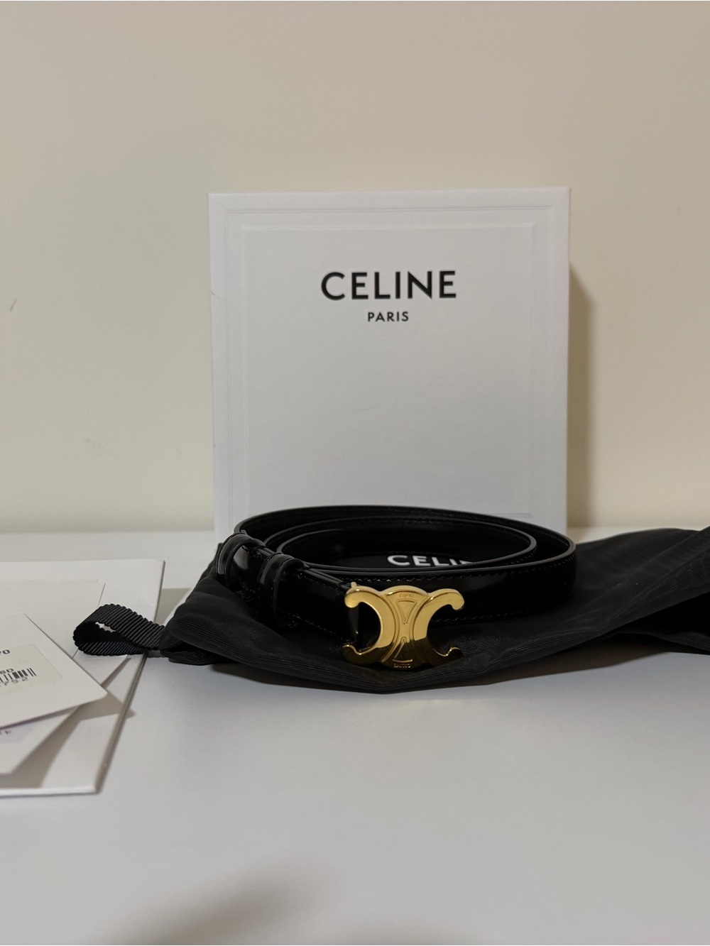 Celine Black Leather Belt with Gold Triomphe Buckle
